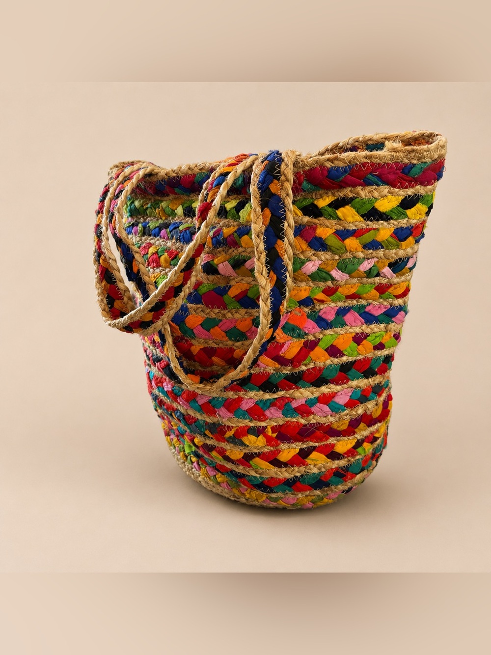 Hand Woven Colorful Market Tote Basket Bag Boho Summer Beach Shopper - Picture 3 of 4